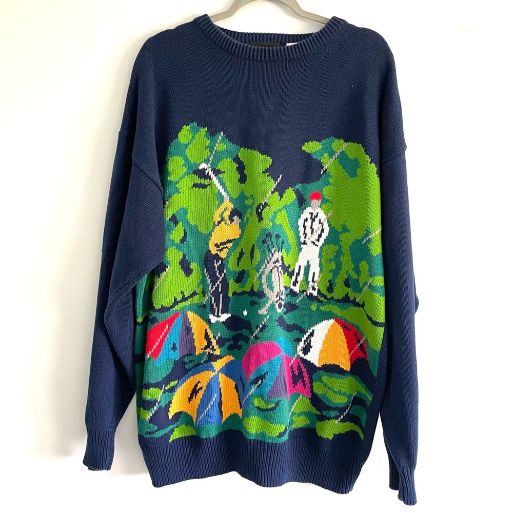 Vintage CF Intarsia Navy Novelty Golf Theme Knit Sweater Size XLT